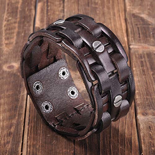 Zysta Cool Punk Rocker Wide Cuff Wristband Bracelet Mens Gothic Biker Braided Style Genuine Leather Bangle 8.5"-9" Adjustable Black/Brown - color: Brown