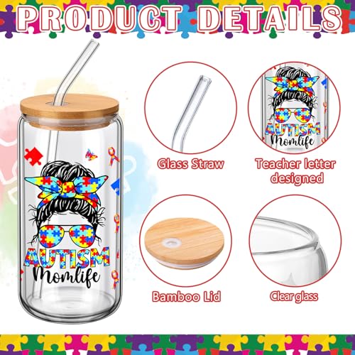 SiliFine Autism Teacher Appreciation Gifts, 6 Pcs Glass Cups with Lids - style: Autism
