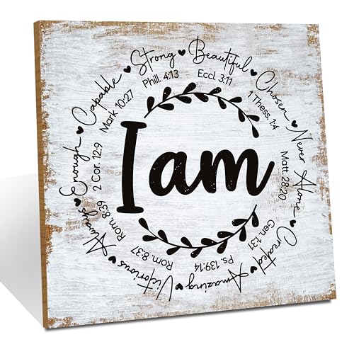 Inspirational Sign Rustic Desk Decor Decorative Christian Encouragement Religious Bible Verse Faith Decoration for Home Farmhouse Office Bathroom Table Shelf Counter Tiered Tray Plaque Sign - color: I Am Strong