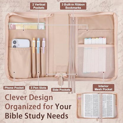 Classic Leather Bible Cover Case with Cross Design and Handle & Shoulder Strap for Women, Durable Bible Study Supplies Organizer Carrying Bag, Christmas Gifts for Christians with Gift Box（Pink - color: Pink( With Strap)