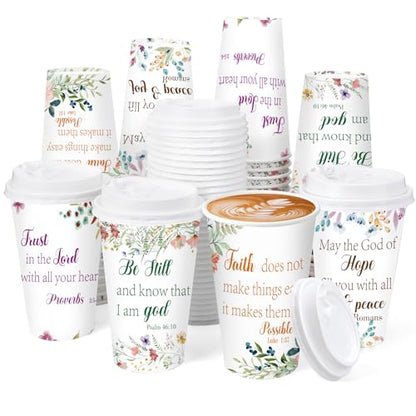 50 Pack 16 oz Disposable Coffee Cups with Lids Christian - style: Christian Floral