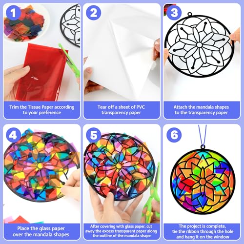 Lonfliness 32 Sets Suncatchers Craft Kit DIY Flower Window Stained Glass Effect Paper Spring Home School Classroom Decoration Art Craft Creative Activity Project Gift Favor - style: Mandala