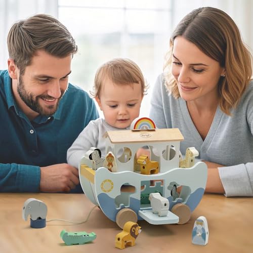 Joyreal Wooden Noah's Ark Toy for 1 Year Old Baby Boy and Girl Baptism Gift - color: Neutral