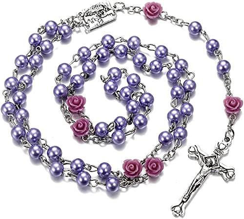 SZQCZB Rosary Beads Catholic Necklace Holy Soil Medal Cross Crucifix with Metal Box and 18pcs Prayer Cards - color: Purple