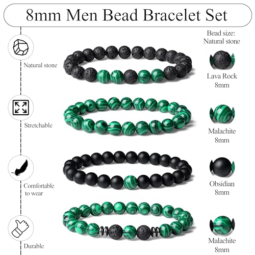 Mens Beaded Bracelets, 8MM Beaded Bracelets for Men, Natural Tiger Eye Bead Bracelet, Stretch Elastic Beads Bracelets for Men - color: 4 volcanic malachite black