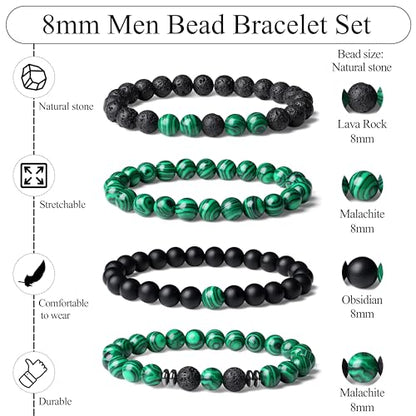 Mens Beaded Bracelets, 8MM Beaded Bracelets for Men, Natural Tiger Eye Bead Bracelet, Stretch Elastic Beads Bracelets for Men - color: 4 volcanic malachite black