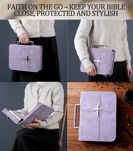 Vegan Leather Bible Cover Case, Bible Bag for Men Women, Gift Box Packaging - color: Purple