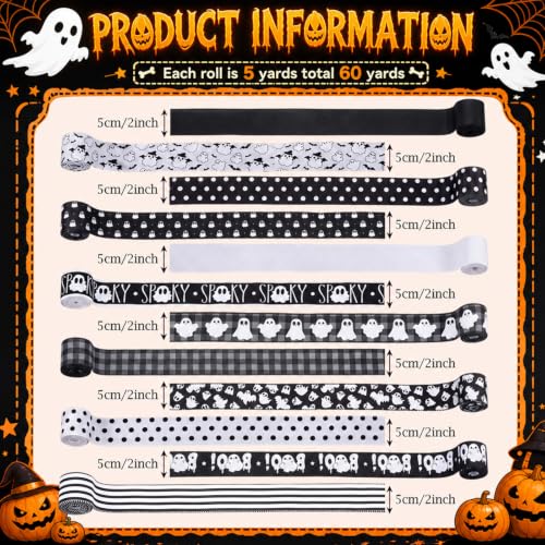 12 Rolls 60 Yard Ghost Halloween Wired Ribbon for Wreath Craft Bow - style: Black Ghost