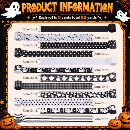 12 Rolls 60 Yard Ghost Halloween Wired Ribbon for Wreath Craft Bow - style: Black Ghost