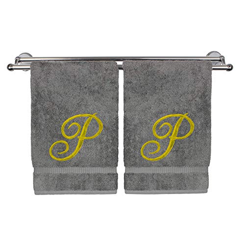 Monogrammed Hand Towel, Personalized Gift, 16 x 30 Inches - Set of 2 - Gold Embroidered Towel - Extra Absorbent 100% Turkish Cotton - Soft Terry Finish - for Bathroom, Kitchen and Spa - Script P Gray - color: Gold on Gray, style: Initial P