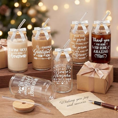 Glass Cups with Lids and Straws, 6Pack, 16oz, Employee Nurse - style: Thank You