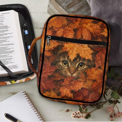 Suobstales Cat Maple Leaves Pattern Bible Cover Carrying Book Case for Women Men Thanksgiving Lightweight Bible Bag Bible Protective with Handle and Zippered Pocket - color: Cat Maple Leaves
