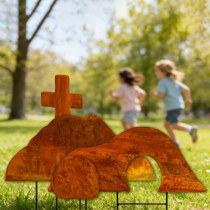 Easter Yard Sign Metal Religious Christian Outdoor Decorations Empty Tomb Easter Scene with Cross Jesus Resurrection Easter Lawn Decorations Garden Patio Porch Church Decor