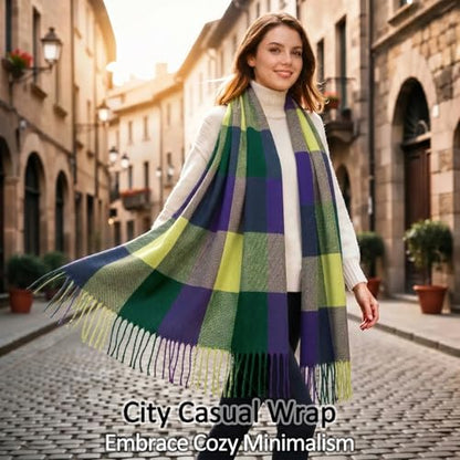 Loritta Winter Scarf for Women, Long Plaid Shawl Wraps Scarves Gifts - color: D-blue Green Lattice