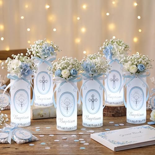20 Pcs 10 Sets Baptism Centerpieces for Table Baptism Lantern Tea Light Holders with LED Candles Angel Cross Table Lantern for Easter First Communion God Bless Baby Shower Party Decor