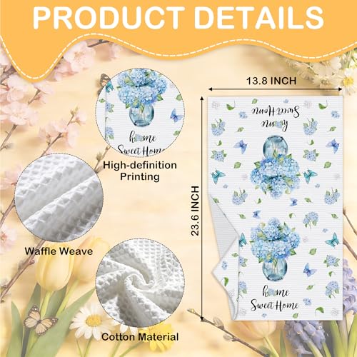 Blue Hydrangea Tea Towels For Kitchen, Home Sweet Home Floral Towel, 08 - color: Blue Home Sweet Home