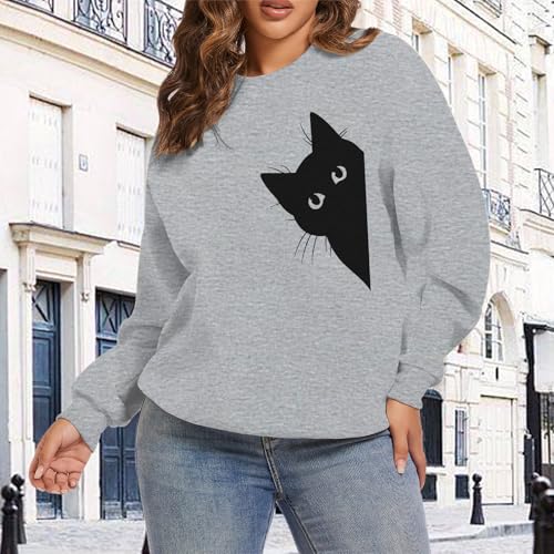 Cat Sweatshirts for Women Graphic Print Sweatshirt Funny Long Sleeve Shirt Cute Pullover Lightweight Hoodie Tops - color: Light Gray, size: Medium