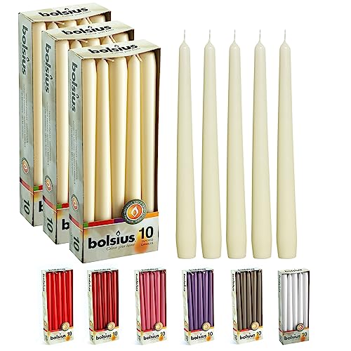 BOLSIUS Long Household Ivory Taper Candles - 10-inch Unscented Premium Quality Wax - 8 Hours Long Burning Dripless Candles Bulk Pack of 30 for Home Décor, Wedding, Parties and Special Occasions - color: Ivory, size: 30 Count