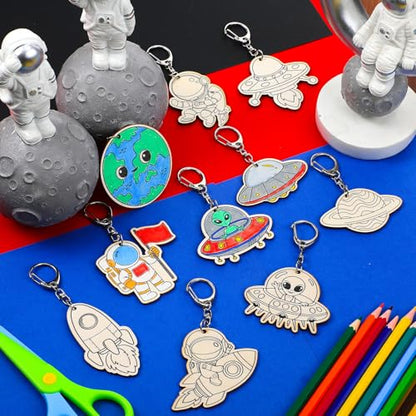 Trnayi 36 Pcs Outer Space Wood Keychain Color Your Own DIY Craft - style: Space