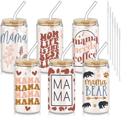 SiliFine 6 Pcs Mama Glass Cups, 16 oz with Lids and Straws - style: Mama