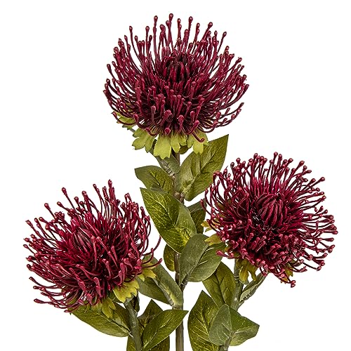 Hollyone 3Pcs Red Artificial Mum Flowers Spring Spider Mum Arrangement, Faux Pincushion Flowers, 28'' Long Stem Fake Chrysanthemum for Office, Home Decor - color: Red