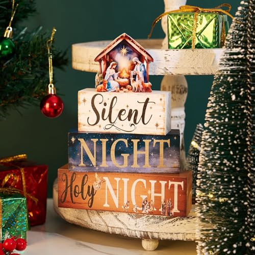 4 Pcs Christmas Nativity Set Decor Religious Nativity Scene Table Centerpieces Wooden Jesus Indoor Decoration Christian Silent Night Holy Night Block Sign for Xmas Winter Tiered Tray Mantle