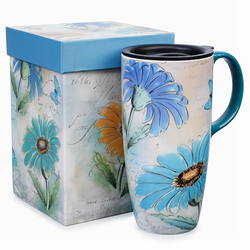 Topadorn 17oz Ceramic Travel Mug with Lid, Blue Daisy Floral Mug - color: Yellow Flower