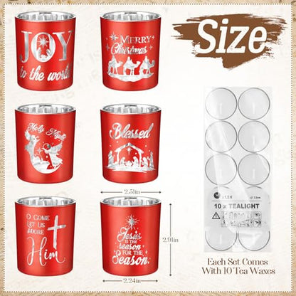 Mumufy Set of 6 Christmas Nativity Votive Candle Holders with 10 Candles Advent Tealight Holders Red Christmas Glass Centerpiece for Xmas Table Decoration Home Party Wedding