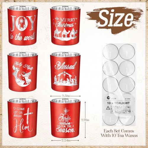 Mumufy Set of 6 Christmas Nativity Votive Candle Holders with 10 Candles Advent Tealight Holders Red Christmas Glass Centerpiece for Xmas Table Decoration Home Party Wedding