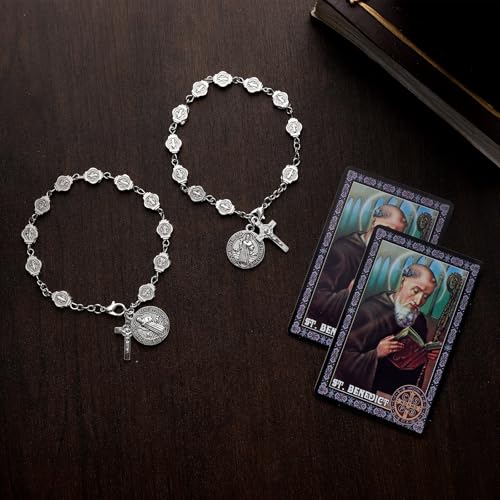 Brilucky 2 Sets St Benedict Bracelets with Saint Benedict Medals and Crucifix,Catholic Rosary Bracelet with Prayer Card for Women Men Gift,Medalla De San Benito Rosary Jewelry