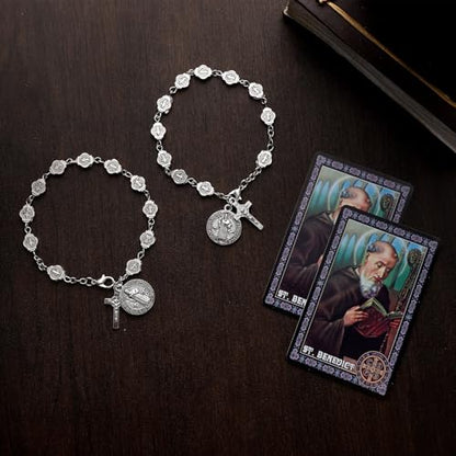 Brilucky 2 Sets St Benedict Bracelets with Saint Benedict Medals and Crucifix,Catholic Rosary Bracelet with Prayer Card for Women Men Gift,Medalla De San Benito Rosary Jewelry