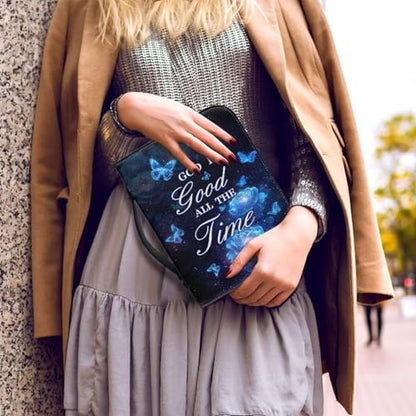 Dellukee Bible Cover for Women Blue Butterfly Flowers God is Good All The Time Print Leather Bible Bag Study Book Case Covers - color: Blue Butterfly Flowers God is Good, size: Large-bible size ≤9.2*6*1.6 inch