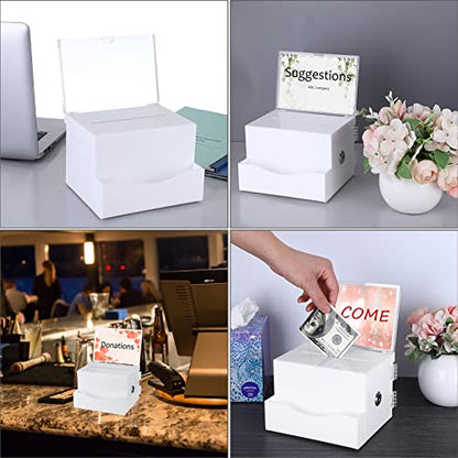 BTSKY Acrylic Suggestion Box with Lock, Acrylic Donation Box with Sign Holder, Office Ballot Box with Pocket Collection Box for Voting Locking Mailbox, Suggestion Box with Removable Sign Slot (White)