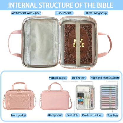 Bible Cover for Women Bible Case, Large Bible Bag, Bible Study Supplies Bible Journaling Kit Book Carrying Case with Bible Highlighters Tabs, Valentines Day Christian Gifts for Women (Pink) - color: Pink