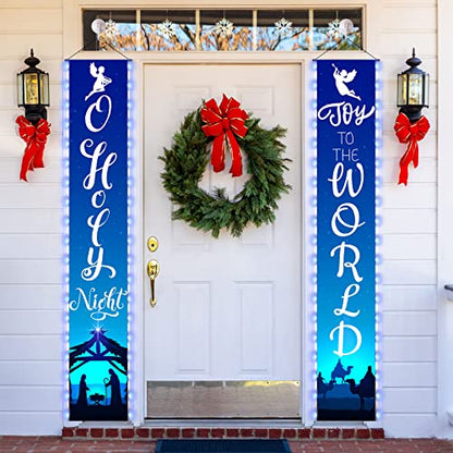 2 Pcs Holy Night Christmas Nativity Porch Sign Religious Blue Jesus Nativity Banner with LED String Lights for Winter Christmas Front Door Porch Yard Decorations 12 x 71 Inch