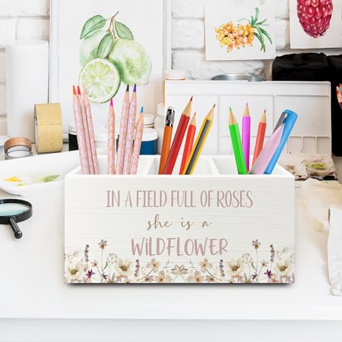 Wildflower Nursery Decor Pen Pencil Holder Organizer for Desk, Girl Nursery Decor, in a Field Full of Roses She Is a Wildflower Wooden Box Sign for Girly Room Bedroom Desk Tabletop Decorations - color: colour 10