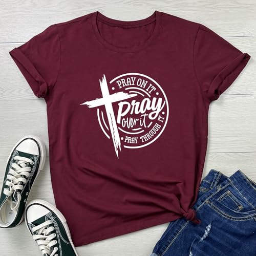LOOKFACE Womens Pray Graphic Tees Cute Tops - color: Wine Red, size: Medium
