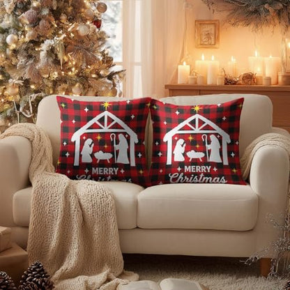 HOMETITUTE Set of 2 Christmas Nativity Plaid Pillow Covers 18x18 Inch - color: Christmas Throw Pillow Covers #07