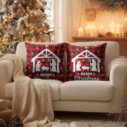 HOMETITUTE Set of 2 Christmas Nativity Plaid Pillow Covers 18x18 Inch - color: Christmas Throw Pillow Covers #07