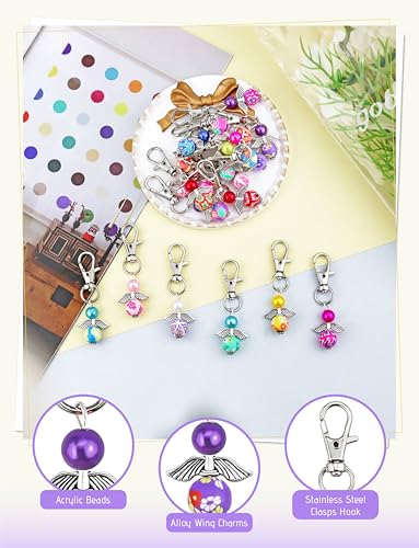 20 Pcs Angel Pearl Beads Pendant Keychain, Angel Fairy Mixed Stone Dangle Charms with Swivel Clasps Hook for Bag Pouch Purse Key Holders