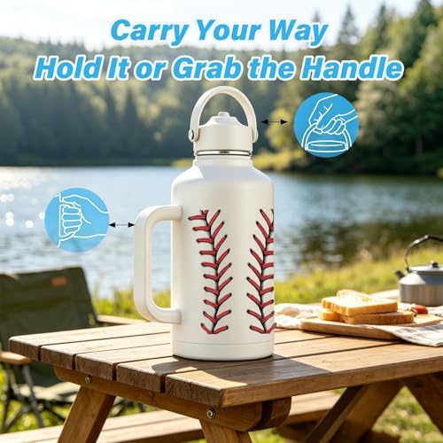 Baseball Gifts for Men Women 64 oz Baseball Water Bottle Insulated with Straw and Handle, Birthday Christmas Gift for Coach Lovers Fan Men - color: Baseball