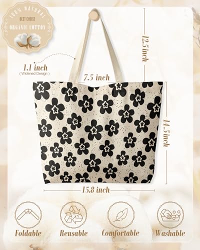 Miss Adola Large Tote Bag for Women - Canvas Tote Bag with Zipper Aesthetic Reusable Shoulder Bag for Gym, Travel, Work - style: Bk Spot Flower