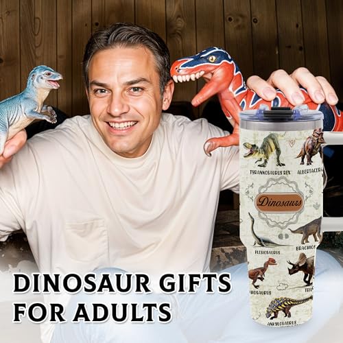 Gifts for Fathers, Dinosaur 40oz Tumbler with Handle - color: Dinosaur-White
