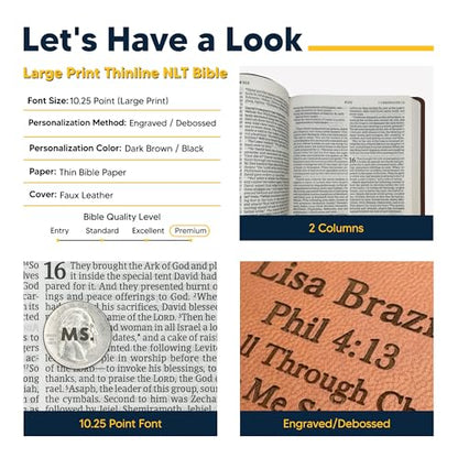 Personalized NLT Large Print Bible for Adults, Name Engraved, Standard Size - color: Brown