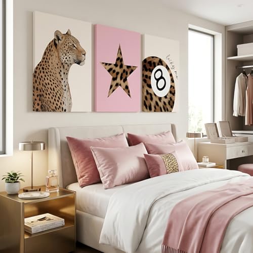 3Pcs Pink Trendy Leopard Canvas Wall Art,Preppy Y2K trend Lucky 8 Ball Cheetah Posters Print Decor Decor for Bedroom, bathroom living room College Dorm, 12x16in Framed - color: Pink Cheetah, size: 16"Lx12"W