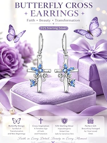 Butterfly Earrings for Women 925 Sterling Silver Birthstone Butterfly Cross Rose Dangle Earrings Elegant Butterfly's Jewelry Gift for Birthday Valentines Day Christmas - color: 9-September