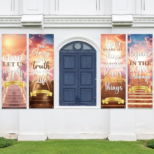 4Pcs Church Banners With Scripture Church Banners for Sanctuary Wall Worship Welcome and Holiday Religious Hanging Backdrop Stairway to Heaven Christian Porch Signs Decors for Churches School - style: Stairway to Heaven