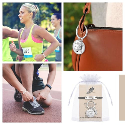 Huquary 18 Sets Cross Country Gift Bulk Run Gift for Runner Stainless Steel Run Keychain Adjustable Running Bracelets Charm with Cards and Organza Bags for Women Men Marathon Christmas Birthday Team