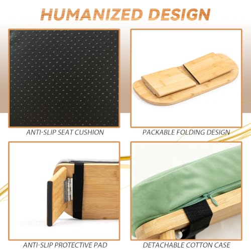 Large Bamboo Meditation Bench, Foldable Prayer Stool(Green & Bag) - color: Green & Bag