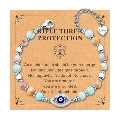 Bracelet for Women Natural Stone Beaded, Stainless Steel Charms, Adjustable - color: 1-Evil eye